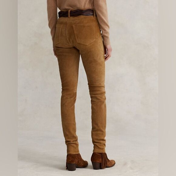 Polo Ralph Lauren Suede Cow Leather Tan Pants Skinny Stretch Trouser Size 8 - Picture 4 of 11